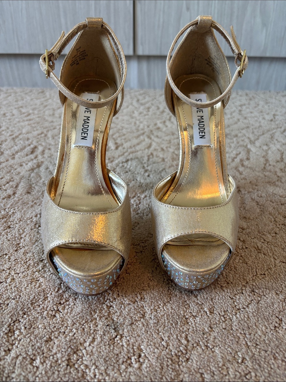 Steve Madden Metallic Gold Rhinestone Platform Ankle-Strap Heels - size 5.5
